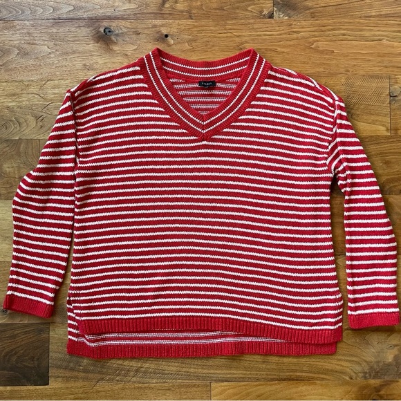 Talbots Linen Cotton Blend V-Neck Nautical Red and White Striped Sweater size L - Picture 6 of 12